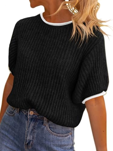 Image of Saodimallsu Womens Puff Short Sleeve Sweater Tops Spring Summer Color Block Ribbed Knit Crew Neck Going Out Shirts