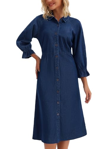 Women Denim Dresses Midi 2025 Casual Ruffle Long Sleeve Jean Button Down Shirt Dress