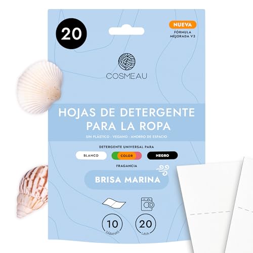 Cosmeau Hojas de Detergente para Ropa Lavadora - Brisa Marina - Hasta 20 Lavados (20 Hojas) - Para Blancos, Colores y Negros - Libre de Plástico, Biodegradable y Detergente de Viaje Perfecto