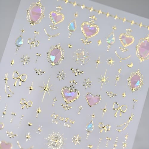 Valentine Nail Art Stickers 5D Embossed Pink Heart Nail Stickers for Nail Art Gold Moon Star Bow Nail Decals Valentines Day Nails Design Aurora Heart Nails Supplies for Women Girls