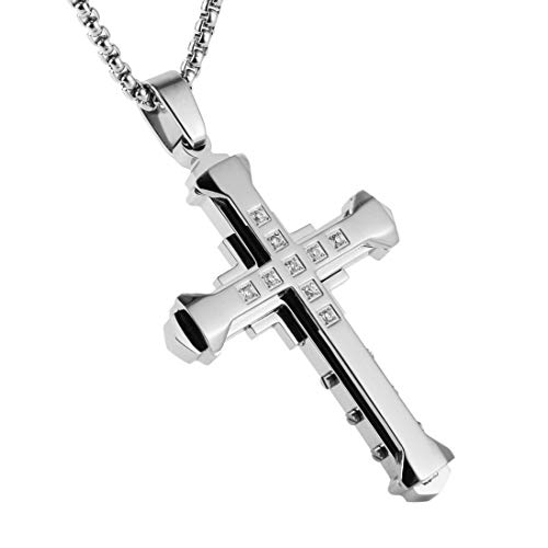 HZMAN Religion Men's Large Byzantium Stainless Steel Cubic Zirconia Cross Necklace Pendant 22 + 2 Inch Chain2