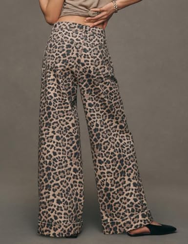 LifeShe Wide Leg Leopard Jeans for Woman Mid Rise Baggy Cuffed Jeans Cheetah Print Barrel Denim Pants2
