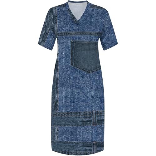 Image of SUZONANA Plus Size Denim Print Shirt Maxi Dresses for Curvy Women Casual Blue Jean Summer Outfits Long Short Sleeve Dress with Pockets Patchwork 5XL