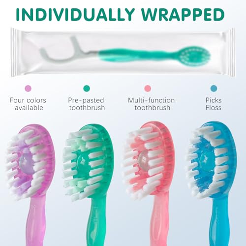 Image of 16 Pieces Disposable 5-in-1 Mini Travel on the Go Toothbrushes with Toothpaste Tongue Scrapers Floss Pick for Hotel or Travel (Pack of 16)
