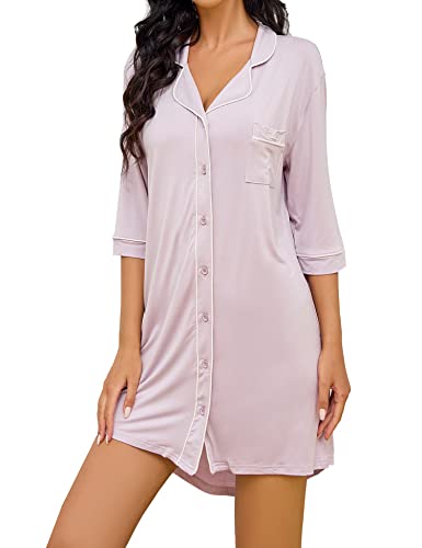 Image of LinaDiary Nightgowns for Women Button Down Night Shirt 3/4 Sleeve Boyfriend V-Neck Sleepwear Pajama Dress (A-light-purple, X-Large)