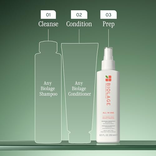 Image of Biolage All-In-One Multi-Benefit Spray - For All Hair Types | Prevents breakage, 450 heat protectant, shine, frizz control, with coconut oil, vegan, paraben-free