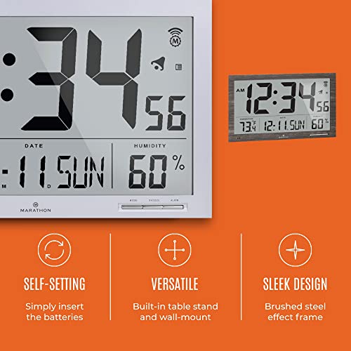 Marathon Slim Jumbo Atomic Wall Clock, Silver - Large, 15-Inch Display - Alarm, Am/Pm Or 24-Hour Time, Eight Time Zones, Indoor Temperature & Humidity - Four Aa Batteries Included #TOP2