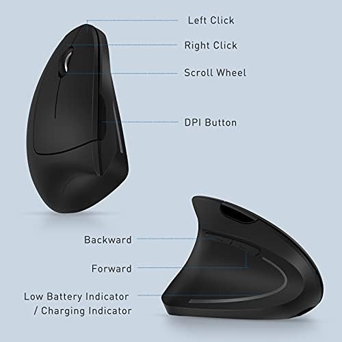 2.4G USB & Dual Bluetooth Left-Handed Vertical Mouse, Wireless Rechargeable Silent Ergonomic Mice for Left Hander, DPI Adjustable, Compatible with Mac OS, Windows, Android, iOS System, Black