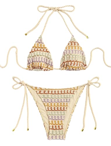 Image of ZAFUL 2 Piece Triangle Bikini for Women Knitted Rope Halter Bikini Sets Sexy Bathing Suit Side Tie Swimsuits Beachwear