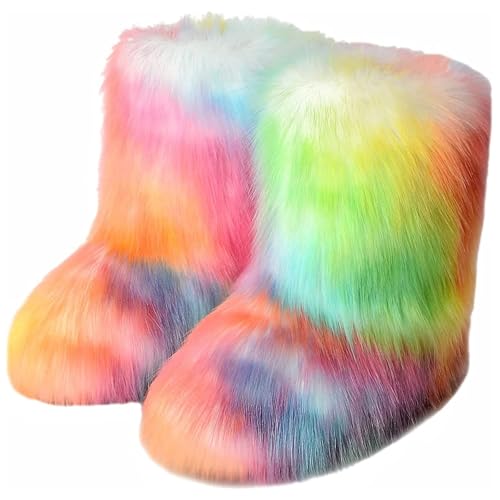 NIGXWNS Womens Furry Faux Fur Booties Winter Warm Snow Ankle Boots Fuzzy Fluffy Furry Mid Calf Boots Outdoor Comfy Flat Shoes