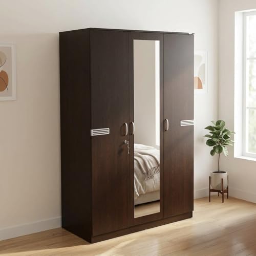 Image of Nilkamal Riva 3 Door Wooden Wardrobe with Mirror for Bedroom | Almirah with 7 Shelves, 2 Hanging Rods, 1 Lockable Drawer | Clothes Cupboard | Engineered Wood | Wenge