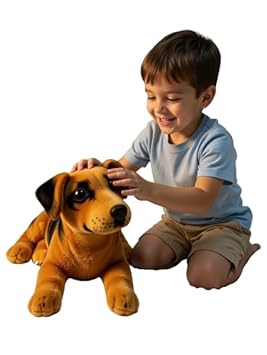 ShubhManShiv DhruviEnterprises Cute Puppy Soft Toy | Plush Dog with Orange Black Saddle Pattern | Ultra Soft Stuffed Puppy with Safety Eyes | Fabric Animal Doll for Kids Toddlers Baby Gift Home Decor
