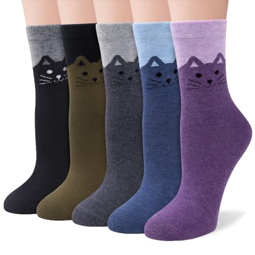 YSense 5 Pairs Cute Animal Socks for Women, Funny Dog Cool Cotton Art Painting Cat Socks Women