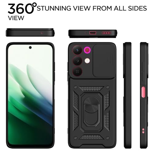 Image of Pikkme Back Cover for Realme Narzo 90X 5G / Realme C85 5G / Realme 15X 5G | 360 Protection Case | Sliding Camera Shield Cover & Ring Holder Stand D10 Tough Armor Bumper Case (Black)