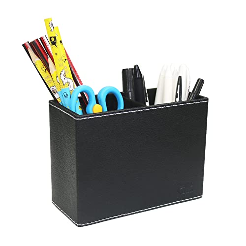 Fosinz ペン立て ペンスタンド 2仕切 PUレザー メガネスタンド 卓上収納 机上用品 小物入れ デスク上収納 子供部屋 書斎 (ブラック)