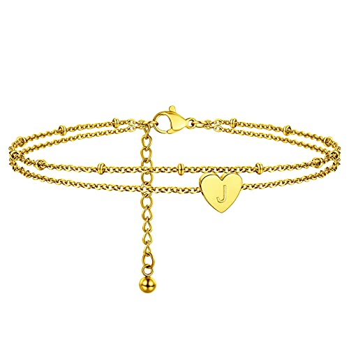 PROSTEEL Women Initial Anklet, A-Z Letter Heart Ankle Bracelet, Adjustable Double-Layer Foot Chain for Beach Summer, Silver/Gold Plated 316L Stainless Steel (with Gift Box) golden-J