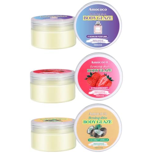 Amococo 3-Pack Body Cream Hydrating & Nourishing with Mineral Oil Improves Skin Texture Daily Body Moisturizer 3.5 oz Coconut Vanilla Pemium Perfume Strawberry
