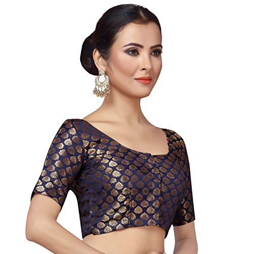 Image of Studio Shringaar Women's Readymade Brocade Short Sleeves Saree Blouse