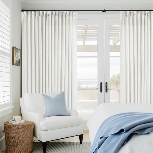 Image of Beige White Pinch Pleated Extra Wide Curtain Panels 108 Inches Long 100 Inch Wide Linen Curtain for Sliding Glass Door Semi Sheer Hooks Rings Privacy 108 Inch Length Drape for Living Room 1 Panel