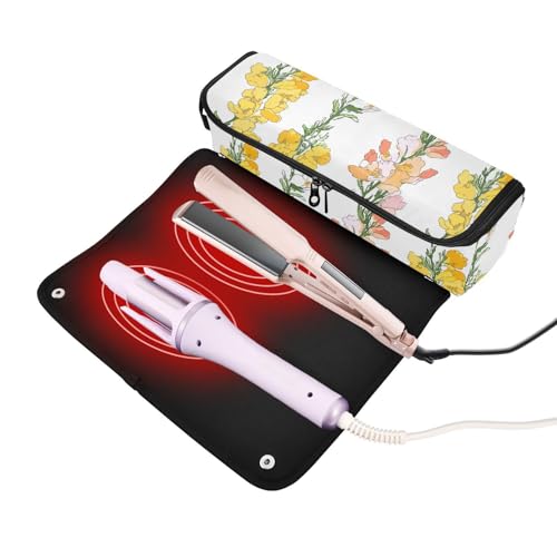 Bolsa de viaje blanca con flores amarillas para herramientas de cabello y tapete resistente al calor con cierre para planchas y accesorios de cuidado capilar miniatura 2