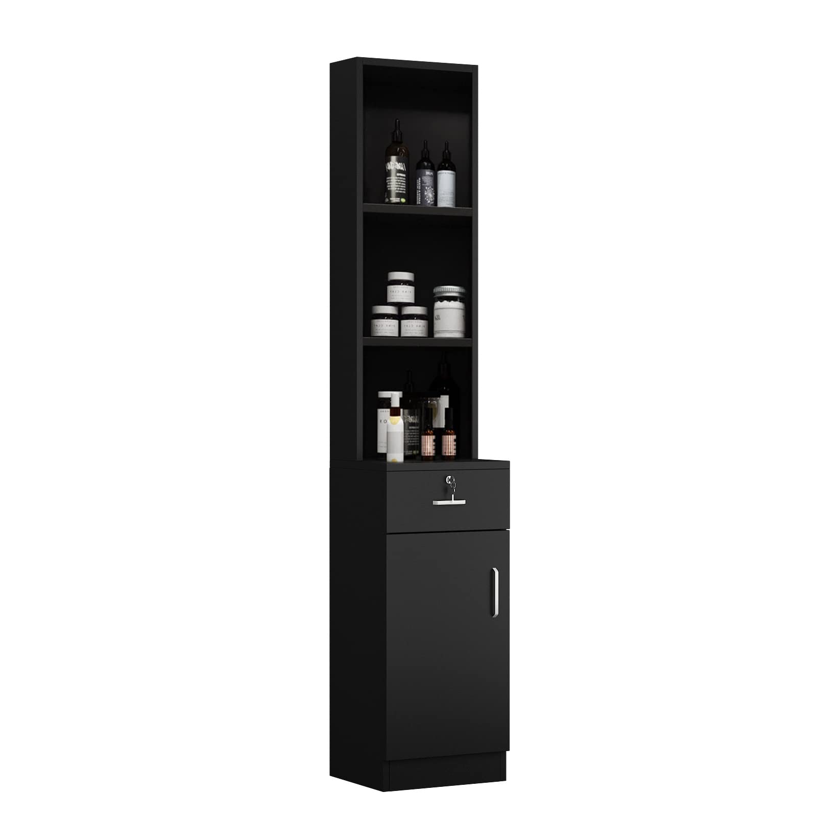 Paddie Hair Salon Stations, Lockable Barber Stations Wall Mount Salon Equipment for Hair Stylist with 1 Lockable Drawer & 1 Storage Cabinet (No Holders, Black)