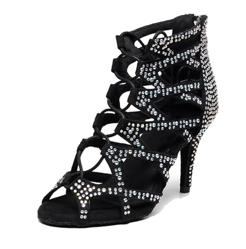 Chaussures de danse latines à lacets pour femme en satin noir talons évasés