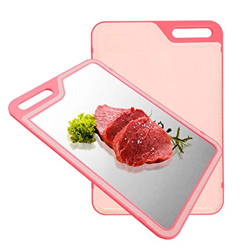 Kitchen Double Sided Cutting Board, Stainless Steel and Wheat Chopping Board with Juice Groove, Multifunctional Large Butcher Block with Easy-Grip Handle, 15.7 × 10.5