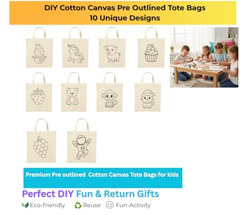 Image of (Pack of 10)- DIY Eco-Friendly Canvas Tote Bags for Kids- Pre-Outlined Designs for Painting | Perfect Return Gift for Kids Birthday Party | Reusable Cotton Bags (Design-1)