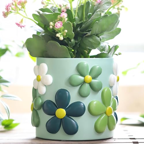 AmiCera Bunte Blumen Blumentopf, Niedliche Einzigartige Übertöpfe für Zimmerpflanzen, Vintage Retro Eklektische Pflanztöpfe mit Drainage, Boho Modern Übertopf Home Décor Funky Garden Geschenk, Grün