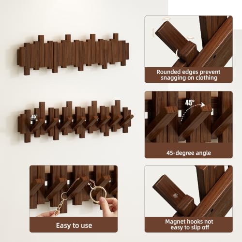 EcobooLife Wooden Piano Coat Rack Wall Mounted, Coat Hooks Hanger Wall Mount with 8 Hooks, Flip-Down Natural Coat Rack for Hanging Keys/Bags, Space Saving Home Hangers, Walnut - image 7
