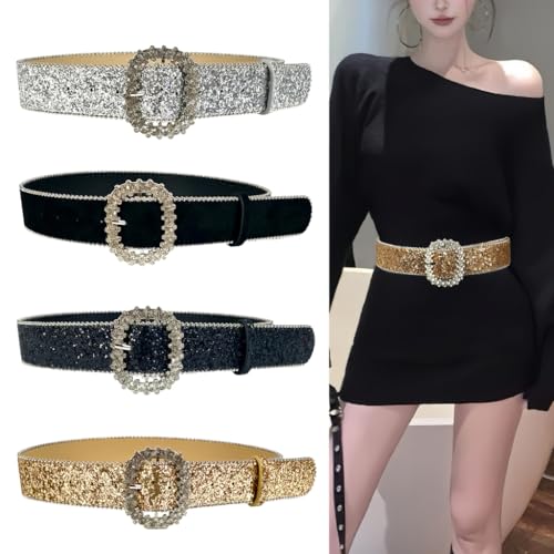 Sparkling Crystal Buckle Belt for Women Girl with Bead Trim Adjustable Glittering Sequins Cincher for Various Outfit2