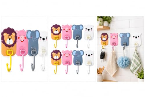 Image of Wall Mounted Cartoon Hooks 10Pc - Self-Adhesive, Cute Kid-Friendly Animal Design, Heavy Duty Multipurpose Sticky Hangers for Nursery, Kids Room, Bathroom & Kitchen