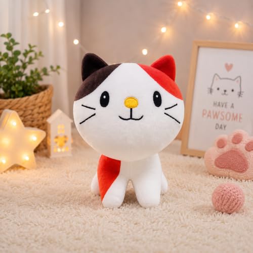 Image of Goldenhub Ball Cat Soft Toy - 25 CM | Multicolor Plush Cat in White & Orange | Round Stuffed Animal Toy for Kids | Cute & Soft Cat Toy Pillow Cushion