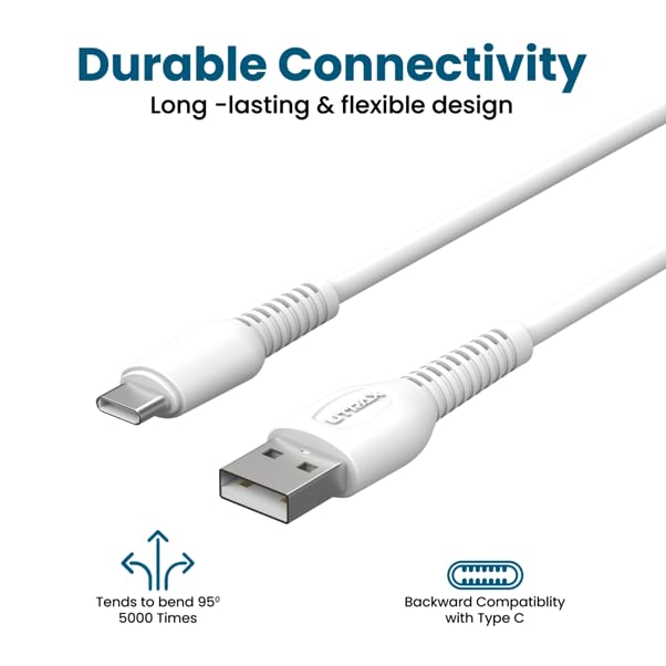 Image of UTRAX 36W USB-A to Type-C Fast Charge & Data Sync USB C Cable, Durable PVC Charging Cord for Android Smartphones, Tablets & Type-C Devices, 180 Days Warranty (White, 100, Centimeters)