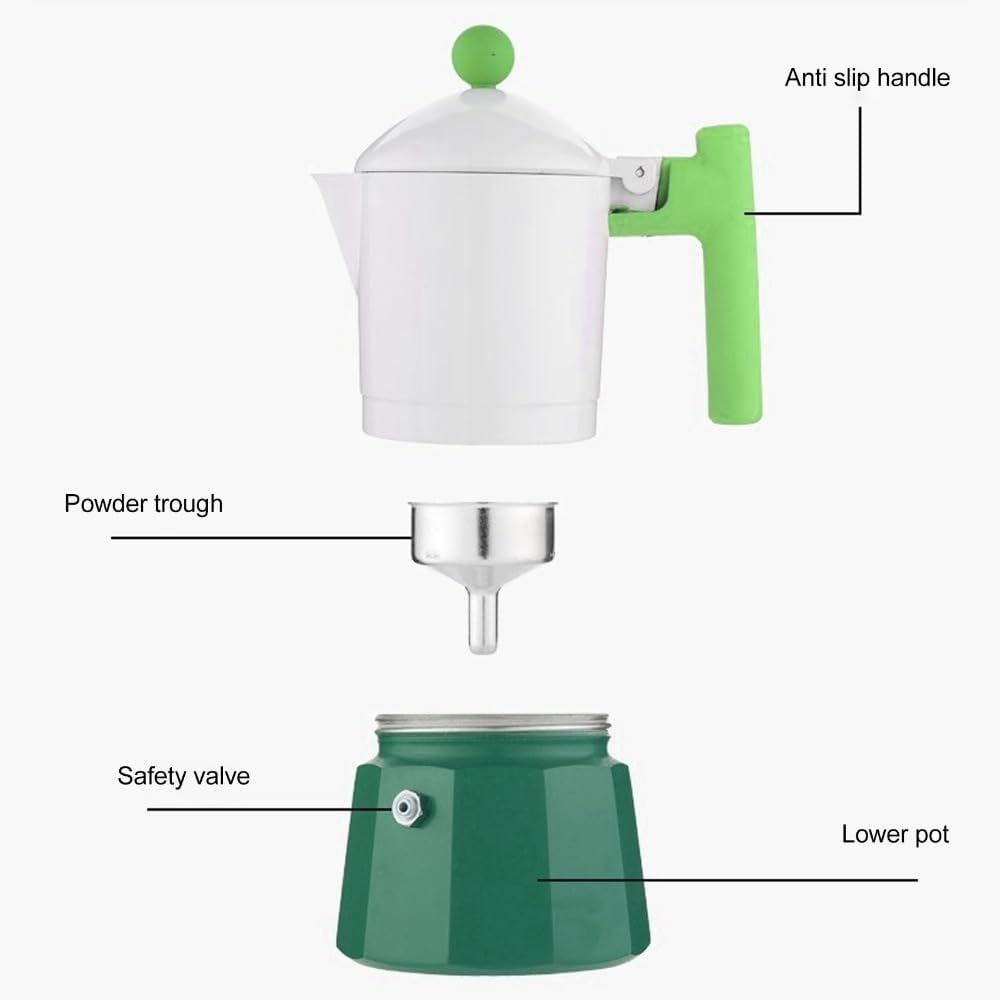 150ml Aluminium Alloy Moka Pot Stove Coffee Maker Durable Portable Italian Stovetop Design Coffee Brewing Percolator for Home and Travel(Green)