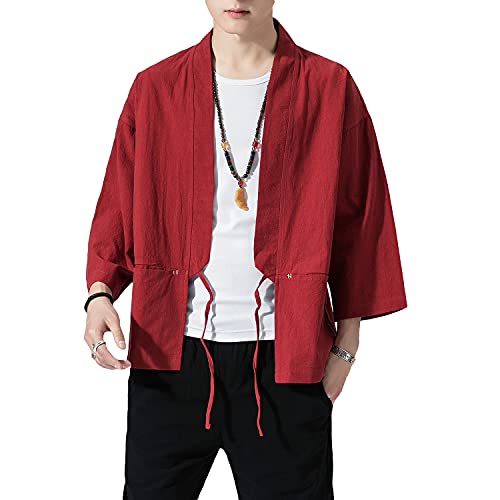 Image of PRIJOUHE Men's Kimono Jackets Cardigan Lightweight Casual Cotton Blends Linen Seven Sleeves Open Front Coat Outwear