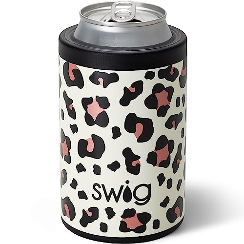 Swig Life Standard Can Cooler, 12oz Insulated Bottle & Can Holder, Stainless Steel Cooler, Covers for Standard 12 oz Beer Bottles, Beach Accessories for Women (Luxy Leopard)