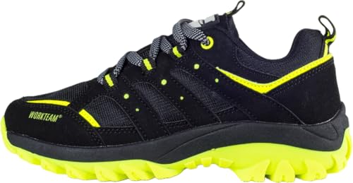 WORKTEAM Zapatilla Trekking con Cordones, Suela TPR Antideslizante, Plantilla con Amortiguación Extraíble Ligera, Ideal para Uso en Exteriores. Unisex Negro+Amarillo Fluor 43