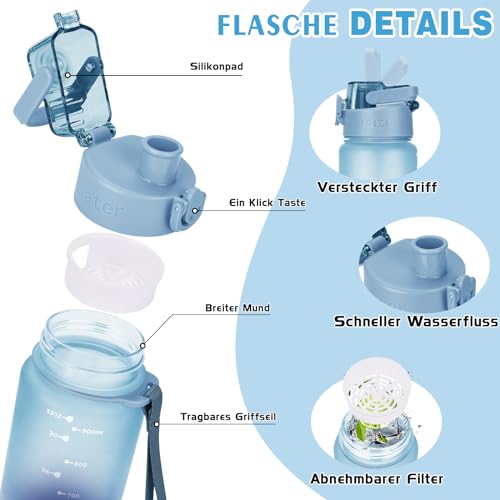 AOPREL Trinkflasche 1l, Trinkflasche Sport Tritan & BPA-Frei Wasserflasche Mit Filter und Bürste, Auslaufsicher Sportflasche Für Fitness, Wandern, Camping, Schule und Büro 2