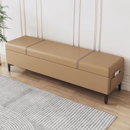 Moderno taburete tapizado de cuero con patas de metal de 47 pulgadas, color caqui, para entrada, cómodo reposapiés y banco de sala de estar con tapa de cierre suave