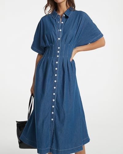 Women's Summer Denim Shirt Dress Lapel V Neck Short Sleeve Midi Jean Dress Button Down Long Dresses4