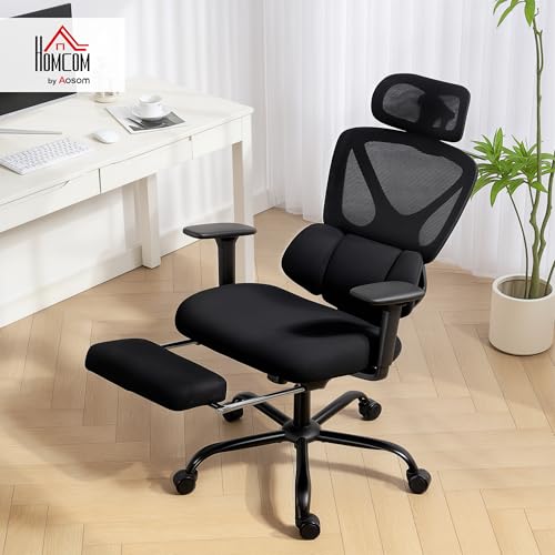 HOMCOM Chaise Bureau Ergonomique, Fauteuil de Bureau avec Soutien Lombaire Dynamique adaptatif, accoudoirs 3D, Dossier inclinable, Hauteur et Appui-tête réglables, Repose-Pieds, pivotant à 360°, Noir – Image 3