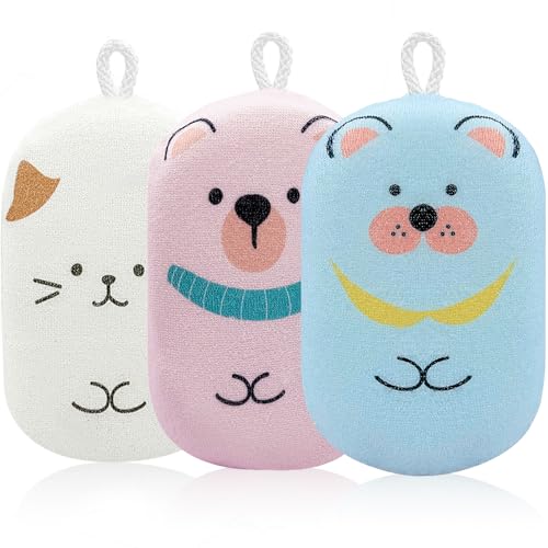 JieLiLeHome Baby and Kids Bath Loofah Sponge Soft and Absorbent Toddler Exfoliating Body Scrubber Shower Loofa Sponge Cute Pattern Design for Kids Baby Women Boys and Girl 3 Pack (Bear/Dog/Cat)
