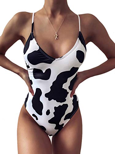 Womens One Piece Cow Print Pattern High Cut Bodysuit Swimsuit Bikini Swimwear Rave Festival