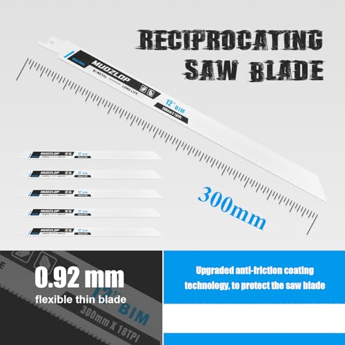 Image of 5 Pack 12 inch Reciprocating Saw Blades Set, 18TPI High Carbon Saw Blades, Metal Saw Blades with Organizer Case (5, 18TPI /12 inch)