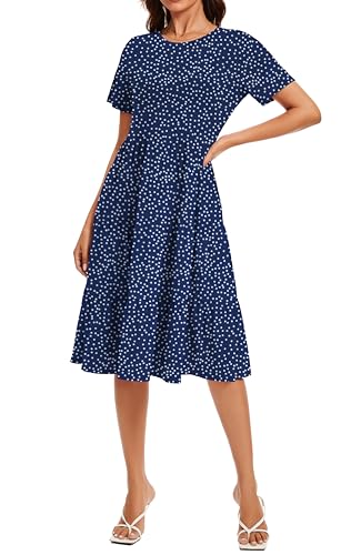 Image of Womens Summer Short Sleeve Crew Neck Midi Dress 2026 Casual Fit Flowy Tiered Beach Vacation Sundress with Pockets