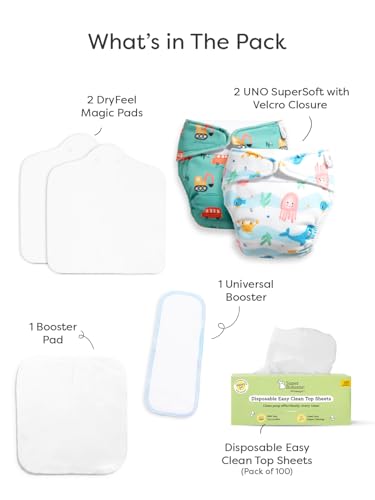 Image of SuperBottoms Starter Kit with UNO SuperSoft (Velcro Closure) - Reusable Washable Cloth Diapers for Babies 5-17kg with DryFeel Magic Pads, Booster, Universal Booster & 100 Disposable Diaper Liners