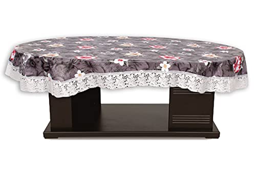 Image of The Furnishing Tree Waterproof PVC Oval Shaped 12 Seater Table Cover WxL 60x140 inches Floral Pattern Multi Grey with White Border lace