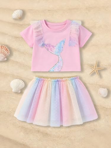 Image of HILEELANG Girls Skirt Set 2 Piece Outfit Cotton Tee Tulle Skirt Set | Soft Cotton Tee, Applique Detail, Layered Tulle Skirt with Lining, Lightweight Comfort for Toddler Little Girls