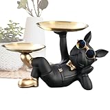 Estatua Con Bandeja Bulldog - Figura Bulldog De Resina Con Bandeja De Acero Inoxidable, Llavero Multifuncional, Organizador De Caramelos Y Joyería, Ornamento De Mesa Para El Hogar |